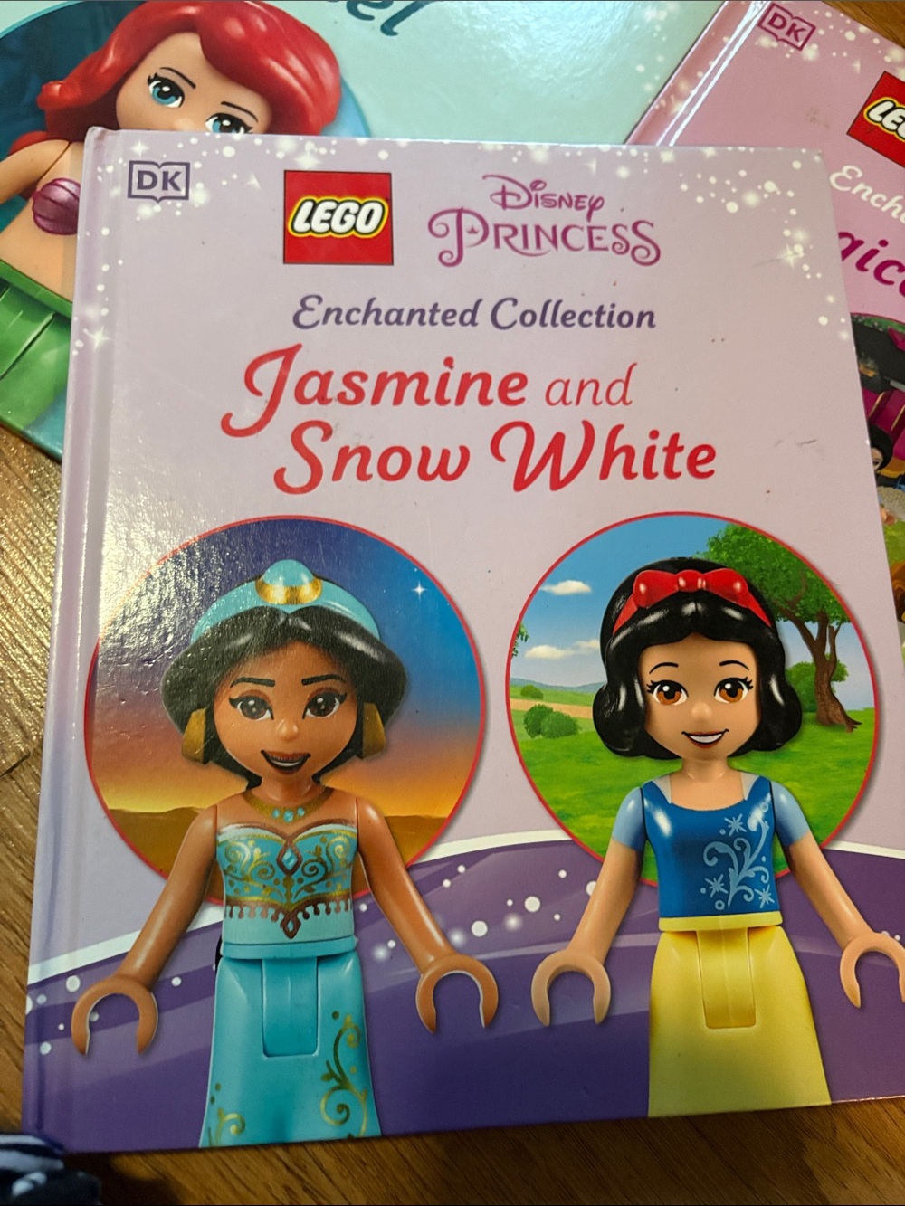 Lego Disney Princess Jasmine and Snow White Book Cover — Pink, Blue, Yellow, Red